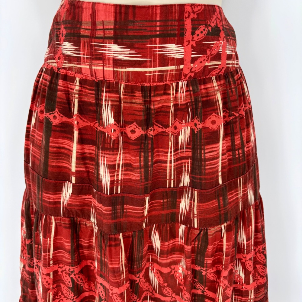 Tapemeasure Red Ikat Plaid Tiered Maxi Skirt Cotton Boho Embroidered Size 14